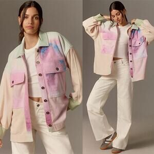 NWT Anthropologie Pilcro Cotton Tie Dye Microfleece Button Jacket Pink & Cream